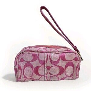COACH Pink CC Logo Makeup Cosmetic Bag Zip Top Pouch Clutch Wristlet Leather